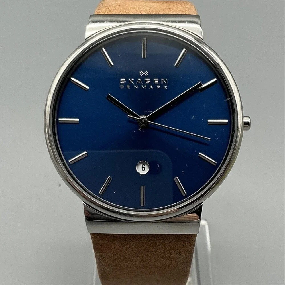 Skagen SKW6103 Mens Watch 40mm Blue Dial Leather Date Stainless New Battery